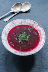 Red borscht - clear beetroot soup common in Eastern Europe and Russia