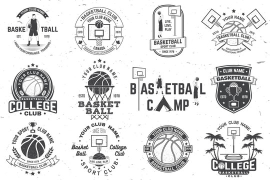 Set of basketball club badge. Vector. Concept for shirt, print, stamp or tee. Vintage typography design with basketball player, hoop and ball silhouette.