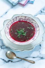 Red borscht - clear beetroot soup common in Eastern Europe and Russia