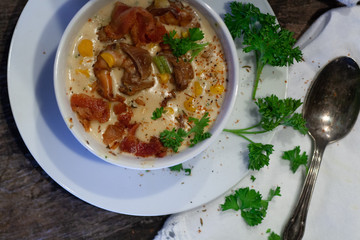 Shrimp and Corn Bisque with Bacon Crumbles