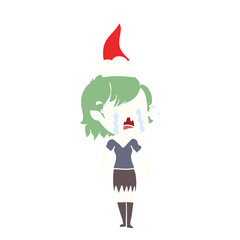 flat color illustration of a crying vampire girl wearing santa hat