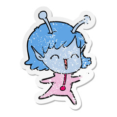 distressed sticker of a cartoon alien girl laughing