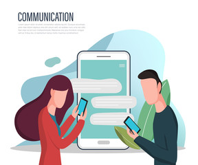 Social Network Landing Page Template.Young People Characters Chatting Using Smartphone for Website or Web Page. Virtual Communication Concept.