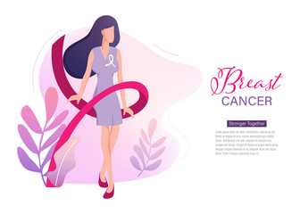 Obraz na płótnie Canvas Breast cancer day international Landing Page Template.Women with ribbon People Characters for ui, web, mobile app, poster and banner.