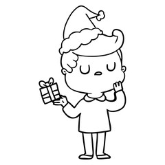 line drawing of a man wondering wearing santa hat