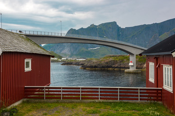 fishing port and the mountains at the Reinefjord in Lofoten in Norway