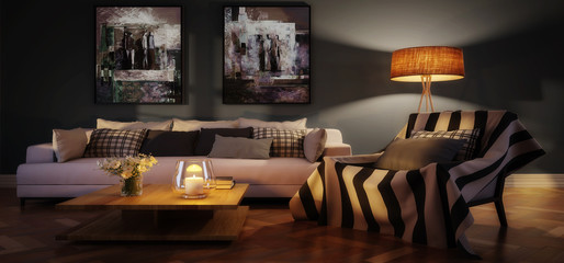 Cute living room interior with paintings by evening (panoramic) - 3d visualization