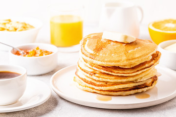 Delicious homemade breakfast with pancakes.