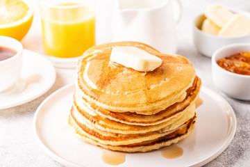 Delicious homemade breakfast with pancakes.