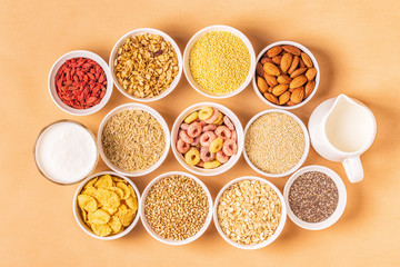 Ingredients for healthy breakfast, top view.