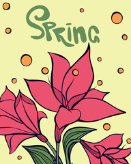 Vector illustration of beautiful pink flower bouquet with green lettering. Great design elements for sticker, card, print or poster. Unique drawing isolated on yellow background. Spring concept