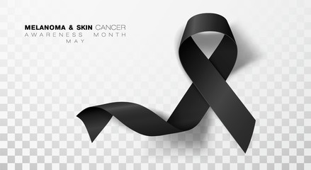 Melanoma and Skin Cancer Awareness Month. Black Color Ribbon Isolated On Transparent Background. Vector Design Template For Poster. - obrazy, fototapety, plakaty
