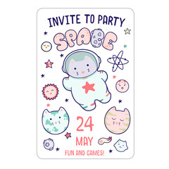 Cute space flyer, invitation, banner, template, with Japanese kawaii cat travels in space and a set of cosmic elements.