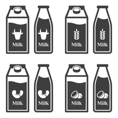Icon set of cardboard packaging and plastic bottles of vegetable and animal milk. Vector on white background.
