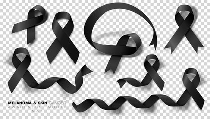 Melanoma and Skin Cancer Awareness Month. Black Color Ribbon Isolated On Transparent Background. Vector Design Template For Poster.
