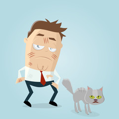 annoyed cartoon man scratched by furious cat