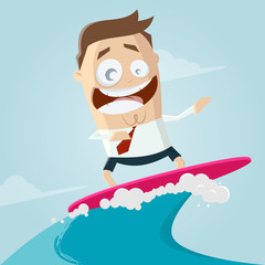 funny cartoon illustration of a surfing businessman