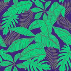 Seamless pattern with tropical leaves. Vector illustration