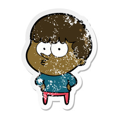 distressed sticker of a cartoon curious boy