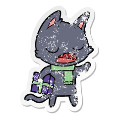 distressed sticker of a talking cat cartoon