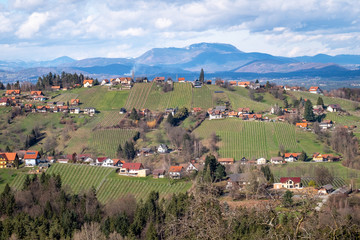 Fototapeta premium Schilcherland Stainz Weinstrasse vine route with vineyards and mountain Schoeckl