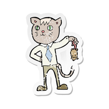 retro distressed sticker of a cartoon business cat with dead mouse