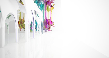 Abstract white and colored smooth gradient glasses gothic interior. 3D illustration and rendering.