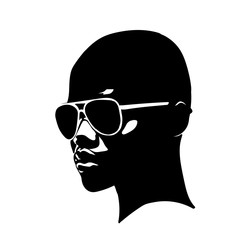 African Woman face with sunglasses. Silhouette in contrast light.  Black and White style. Vector. Illustration.