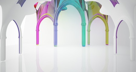 Abstract white and colored smooth gradient glasses gothic interior. 3D illustration and rendering.