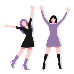 Colorful happy woman. Excited and cute woman jumping and raising arm. Vector illustration