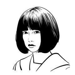 Asian girl portrait. Bob hairstyle. Vector. Black and white style. Illustration.