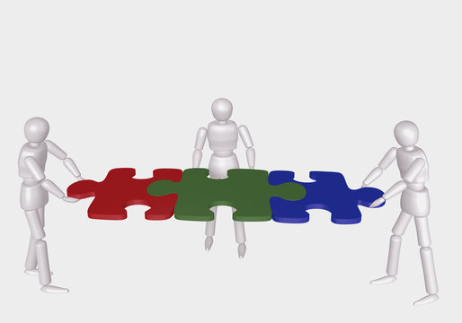 Konzept: Teambildung. 3d Charakter halten gemeinsam Puzzleteile. Auf weiß isoliert.