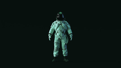 Fototapeta premium Astronaut Advanced Crew Escape Suit with Black Visor and White Spacesuit with Blue Green Moody 80s lighting Front 3d illustration 3d render