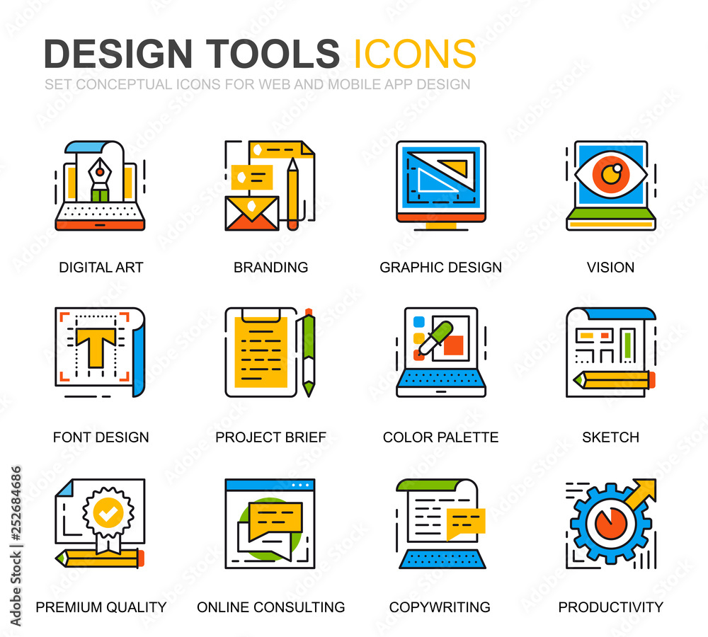Poster simple set design tools line icons for website and mobile apps. contains such icons as creative, dev