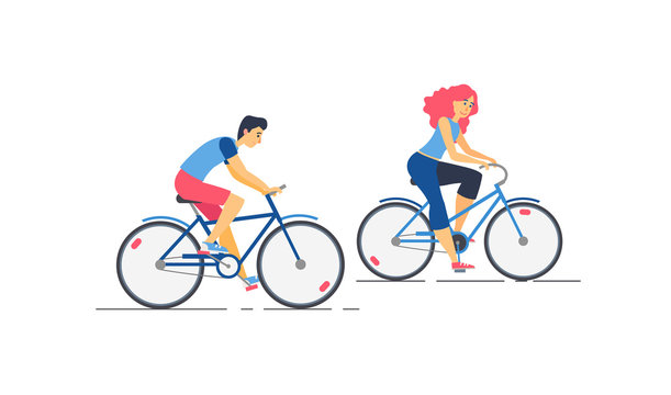 Vector illustration of happy young couple riding a bicycles