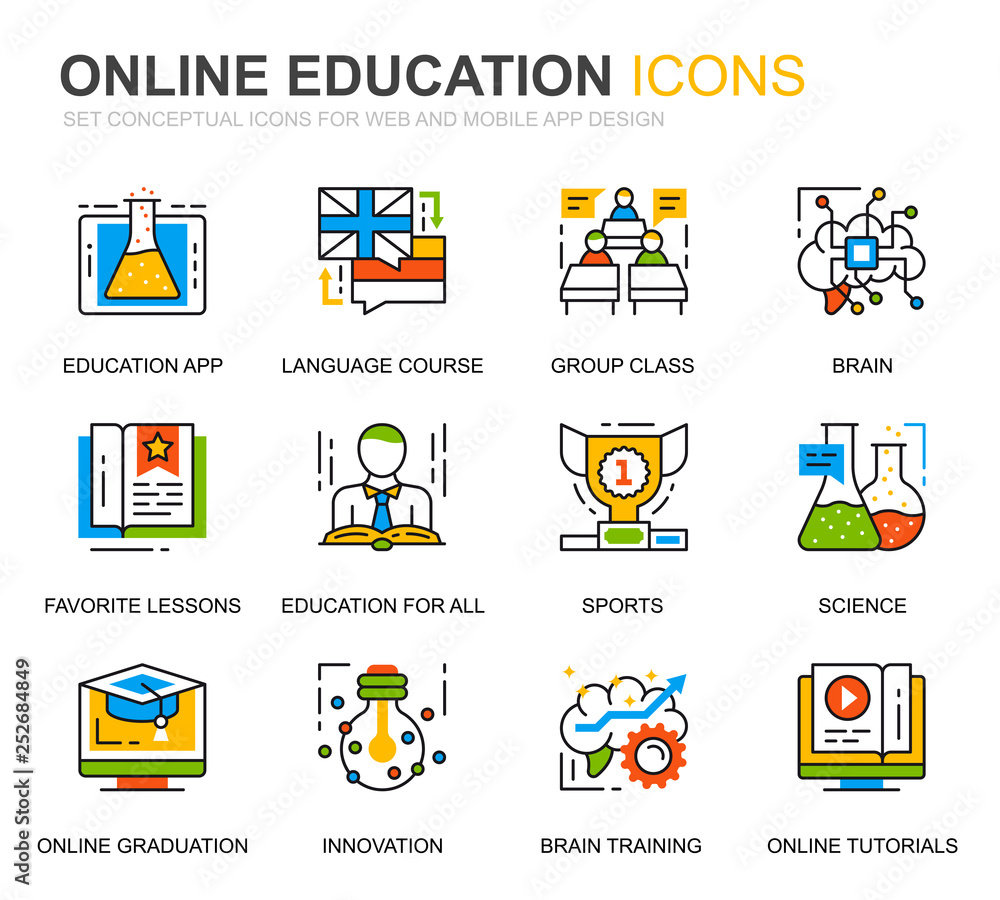 Poster simple set education and knowledge line icons for website and mobile apps. contains such icons as st