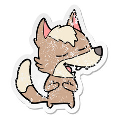 distressed sticker of a cartoon wolf laughing