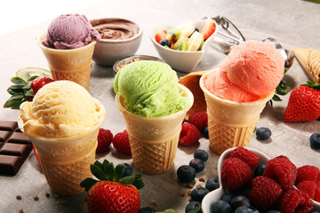 Set of ice cream scoops of different colors and flavours