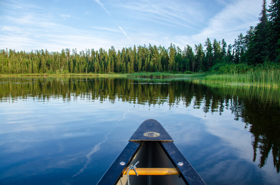 bow of canoe on lake