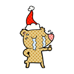 comic book style illustration of a crying bear wearing santa hat