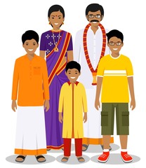 Family and social concept. Indian person generations at different ages. Set of adult people in traditional national clothes: father, mother, grandmother, grandfather, boy standing together. Vector.