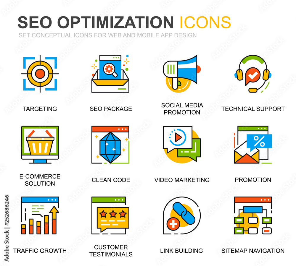 Poster simple set seo and web optimization line icons for website and mobile apps. contains such icons as t