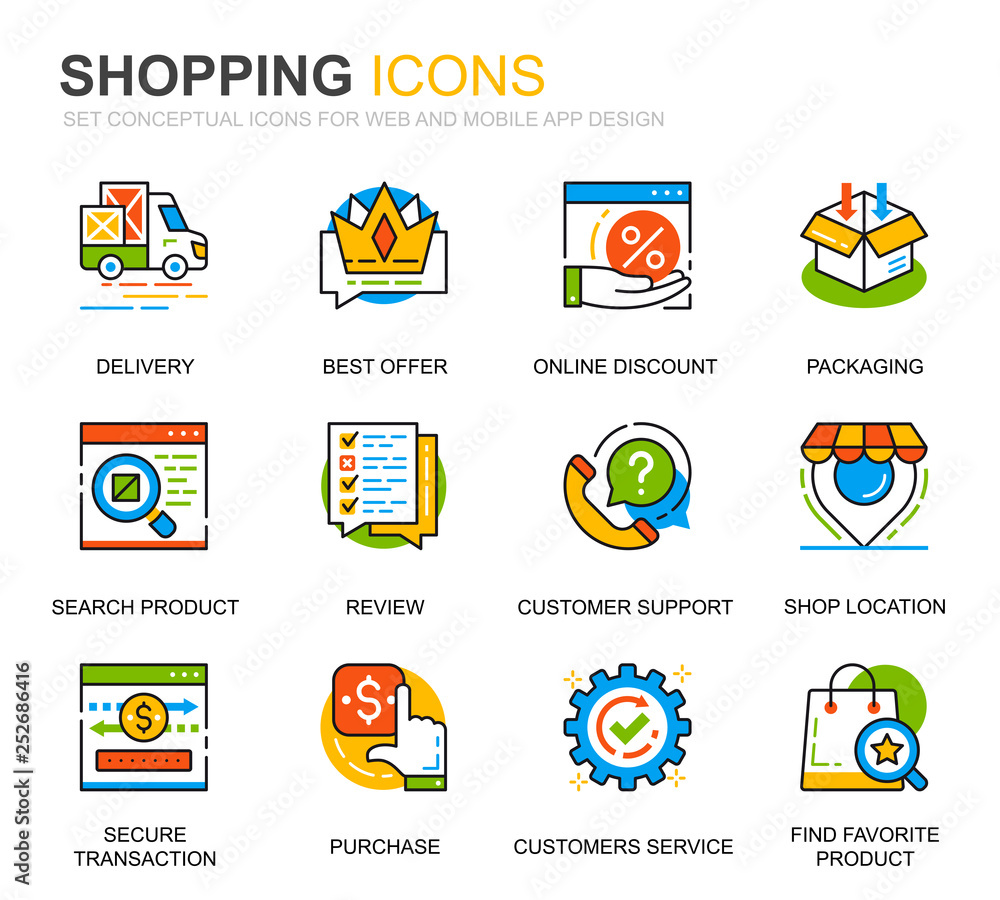 Poster simple set shopping and e-commerce line icons for website and mobile apps. contains such icons as de