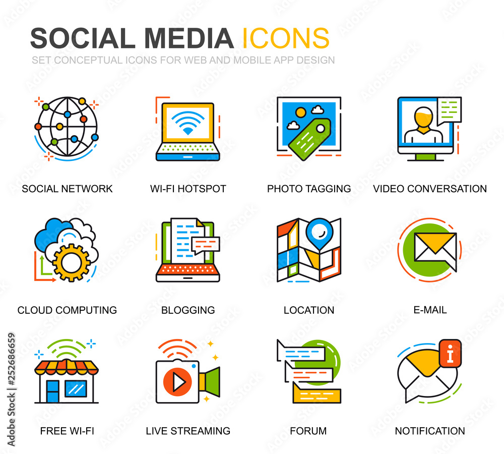 Leinwandbilder simple set social media and network line icons for website and mobile apps. contains such icons as a