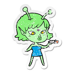 distressed sticker of a pretty cartoon alien girl