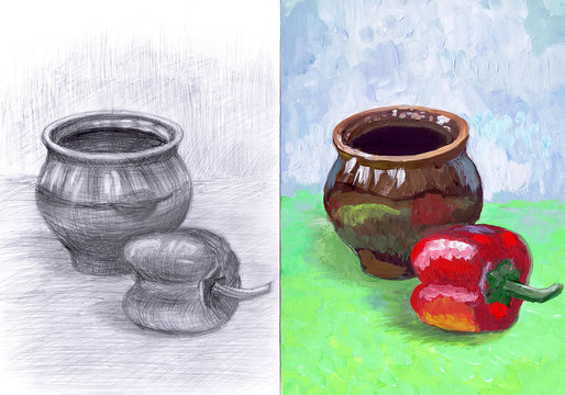 Educational still life "Ceramic Pot and Sweet Pepper". Drawing and painting