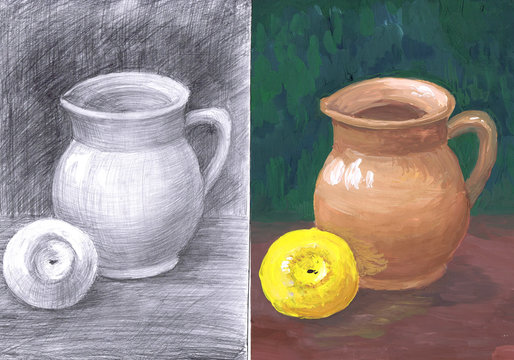 Educational still life "Clay Jug and Yellow Apple". Drawing and painting