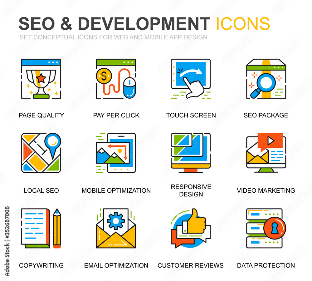 Poster simple set seo and development line icons for website and mobile apps. contains such icons as clean 
