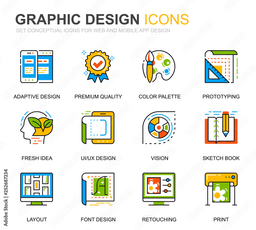 Poster simple set web and graphic design line icons for website and mobile apps. contains such icons as stu