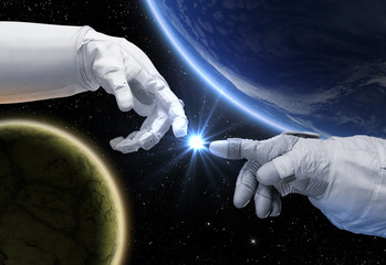 Hand of astronaut and robot. Contact with other civilizations.